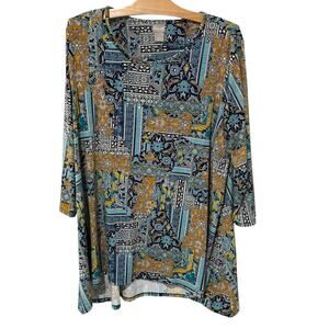 Chico's | Tunic Top Stretch Blue Floral 3/4 Sleeves Pullover- Size 3 XL